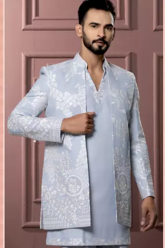 Sky blue v neck indowestern for men | premium men's ethnic wear