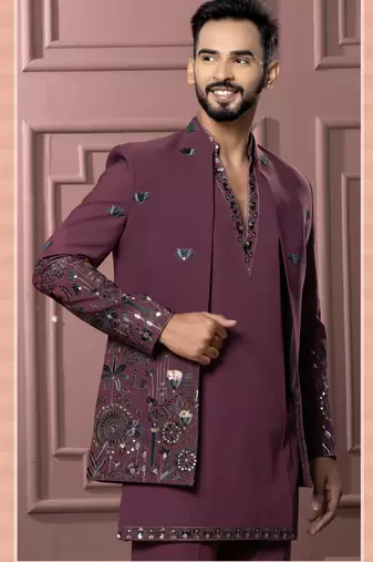 Rouge pink v neck indowestern for men | premium men's ethnic wear