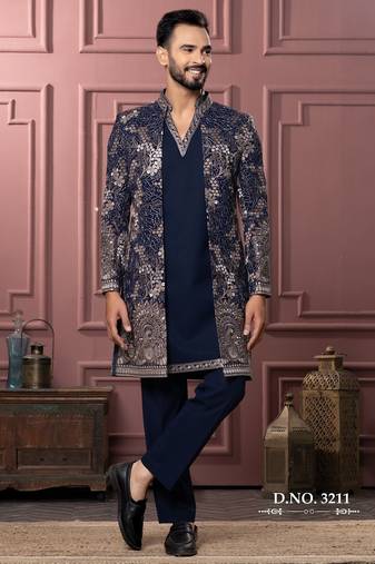 Blue vneck open indowestern for men 