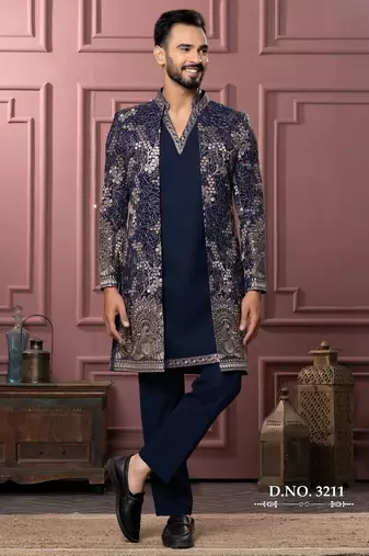 Blue vneck open indowestern for men | premium men's ethnic wear