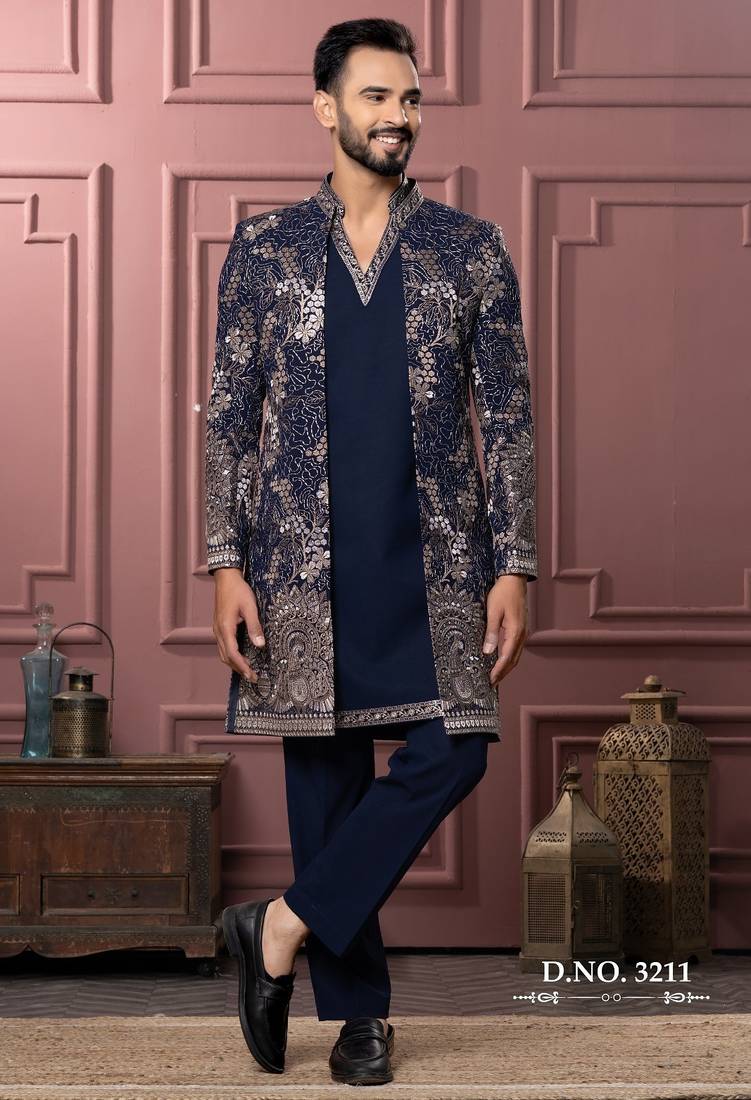 Blue vneck open indowestern for men | premium men's ethnic wear