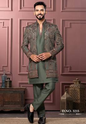 Mendi green open indowestern for men | premium men's ethnic wear 1