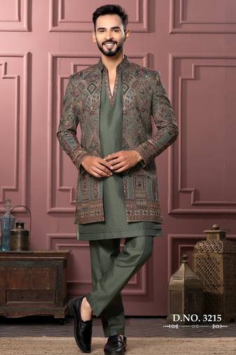 Mendi green open indowestern for men | premium men's ethnic wear