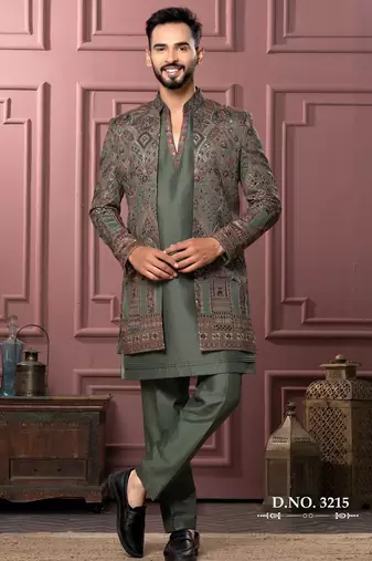Mendi green open indowestern for men | premium men's ethnic wear