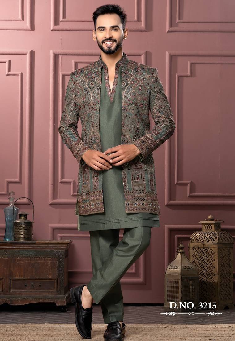 Mendi green open indowestern for men | premium men's ethnic wear