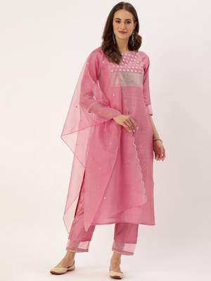 Women Pink Sequinned Yoke Design Kurta with Trousers & Dupatta 1