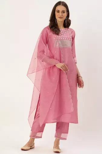 Women Pink Sequinned Yoke Design Kurta with Trousers & Dupatta