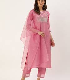 Women Pink Sequinned Yoke Design Kurta with Trousers & Dupatta