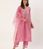 Women Pink Sequinned Yoke Design Kurta with Trousers & Dupatta