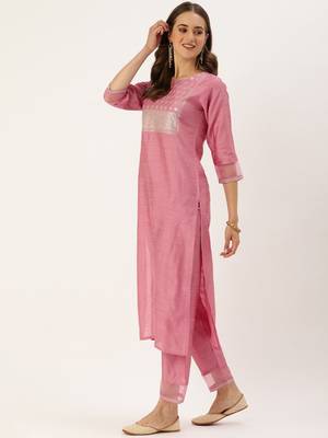 Women Pink Sequinned Yoke Design Kurta with Trousers & Dupatta 5