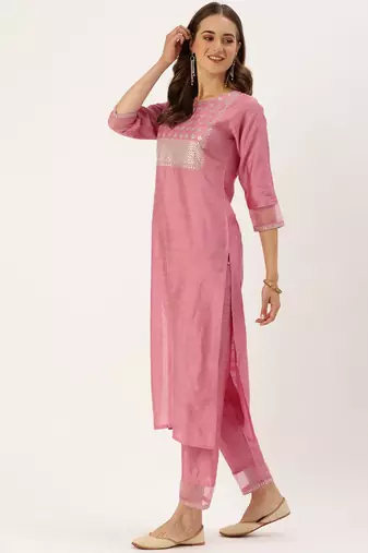 Women Pink Sequinned Yoke Design Kurta with Trousers & Dupatta