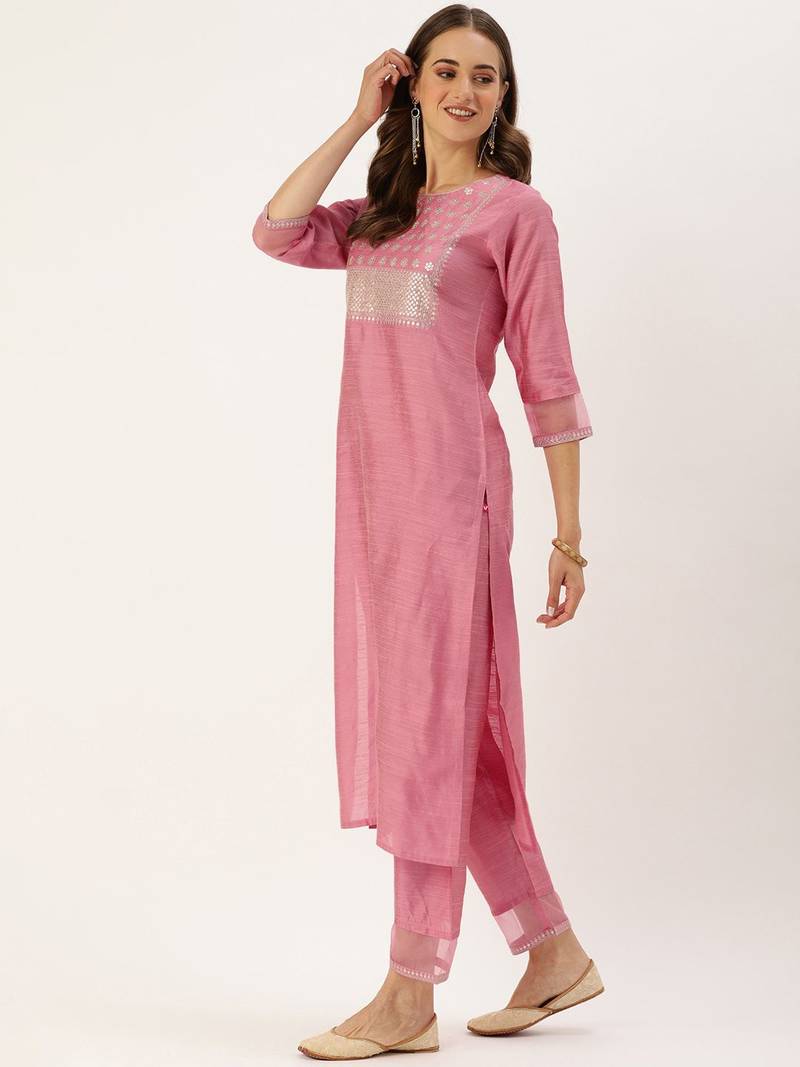 Women Pink Sequinned Yoke Design Kurta with Trousers & Dupatta