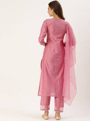 Women Pink Sequinned Yoke Design Kurta with Trousers & Dupatta 6