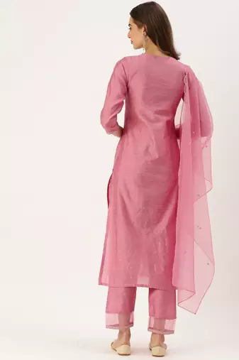 Women Pink Sequinned Yoke Design Kurta with Trousers & Dupatta