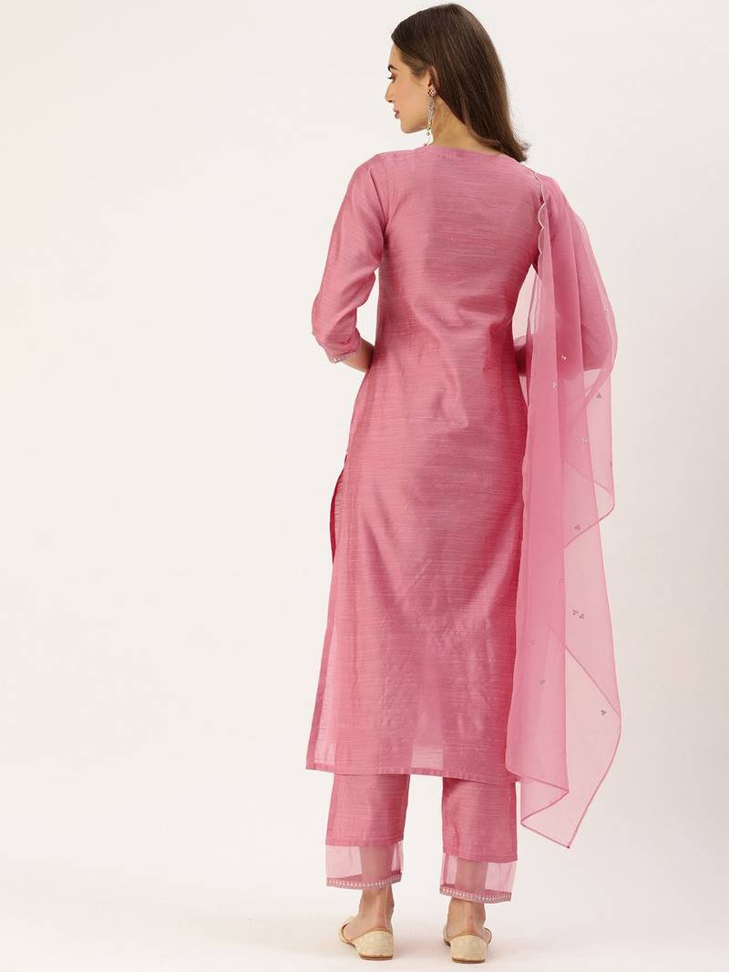 Women Pink Sequinned Yoke Design Kurta with Trousers & Dupatta