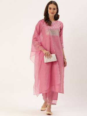 Women Pink Sequinned Yoke Design Kurta with Trousers & Dupatta 7