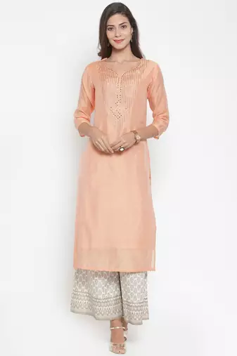 Women Peach-Coloured & Off-White Yoke Design Kurta with Palazzos