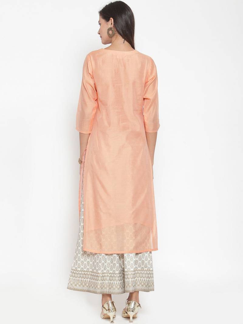 Women Peach-Coloured & Off-White Yoke Design Kurta with Palazzos