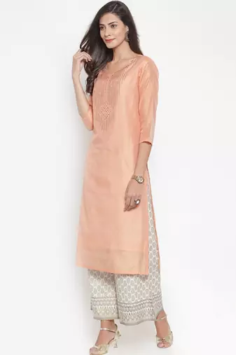 Women Peach-Coloured & Off-White Yoke Design Kurta with Palazzos