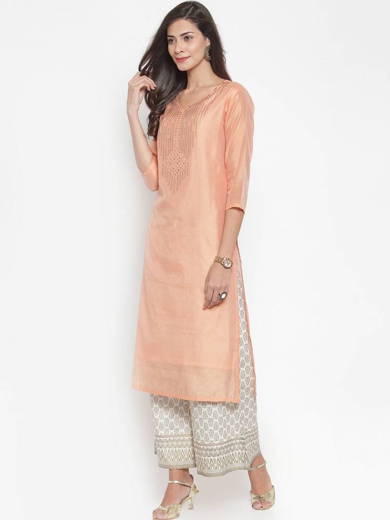 Women Peach-Coloured & Off-White Yoke Design Kurta with Palazzos