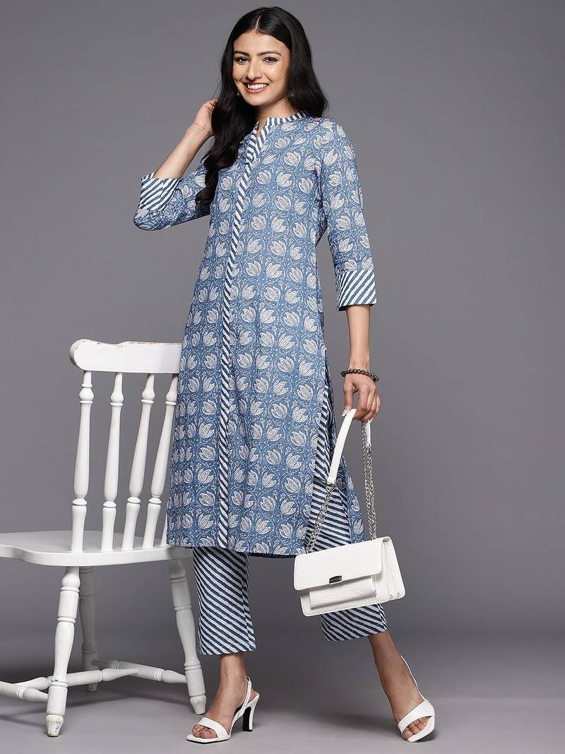 Floral Printed Pure Cotton Kurta With Trousers