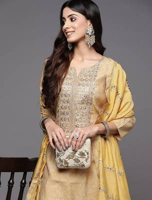 Women Mustard Yellow Ethnic Motifs Embroidered Gotta Patti Kurta with Trousers & With Dupatta 1