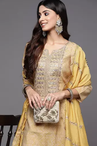 Women Mustard Yellow Ethnic Motifs Embroidered Gotta Patti Kurta with Trousers & With Dupatta