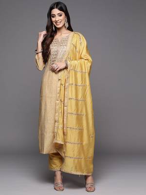 Women Mustard Yellow Ethnic Motifs Embroidered Gotta Patti Kurta with Trousers & With Dupatta 5