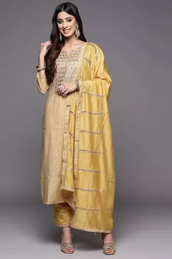 Women Mustard Yellow Ethnic Motifs Embroidered Gotta Patti Kurta with Trousers & With Dupatta