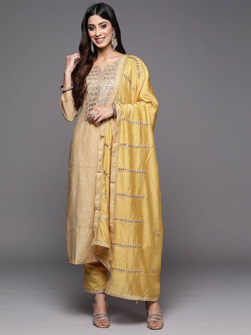 Women Mustard Yellow Ethnic Motifs Embroidered Gotta Patti Kurta with Trousers & With Dupatta