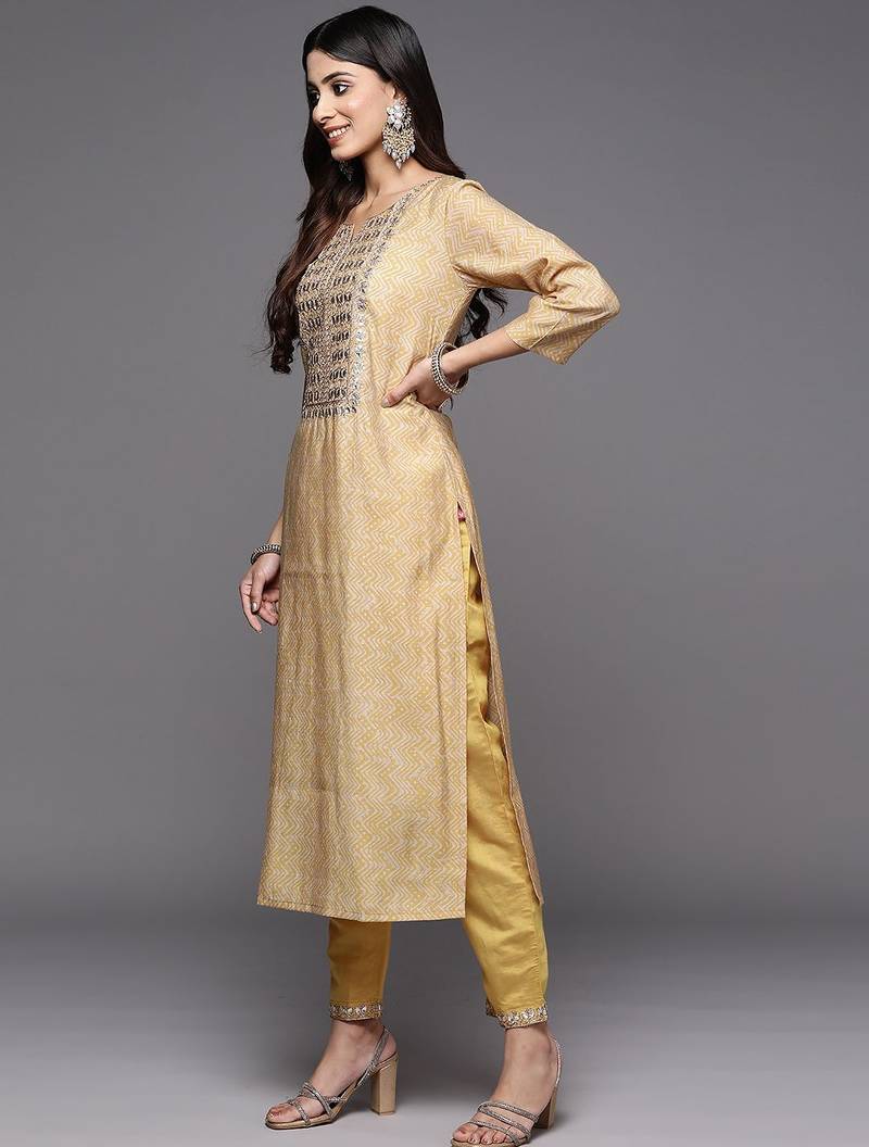 Women Mustard Yellow Ethnic Motifs Embroidered Gotta Patti Kurta with Trousers & With Dupatta