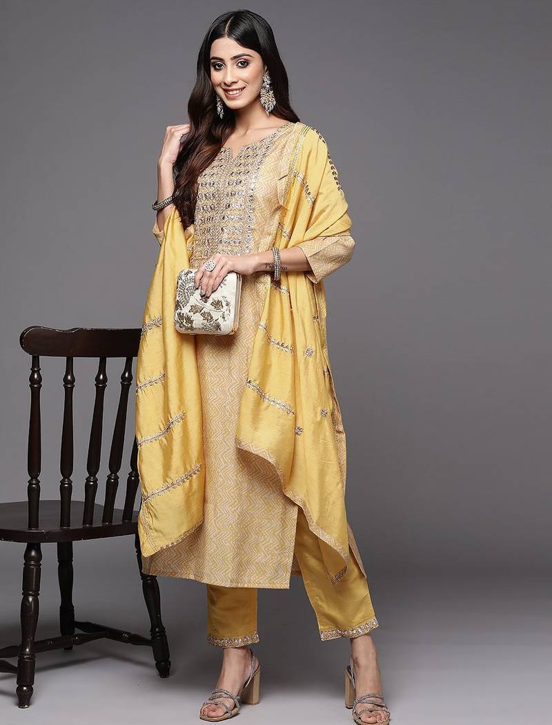 Women Mustard Yellow Ethnic Motifs Embroidered Gotta Patti Kurta with Trousers & With Dupatta