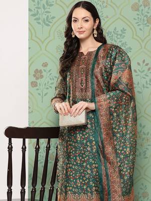 Women Ethnic Motifs Printed Regular Chanderi Cotton Kurta with Trousers & Dupatta 1