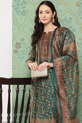 Women Ethnic Motifs Printed Regular Chanderi Cotton Kurta with Trousers & Dupatta
