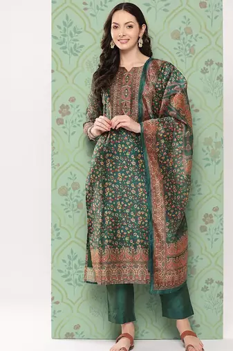 Women Ethnic Motifs Printed Regular Chanderi Cotton Kurta with Trousers & Dupatta