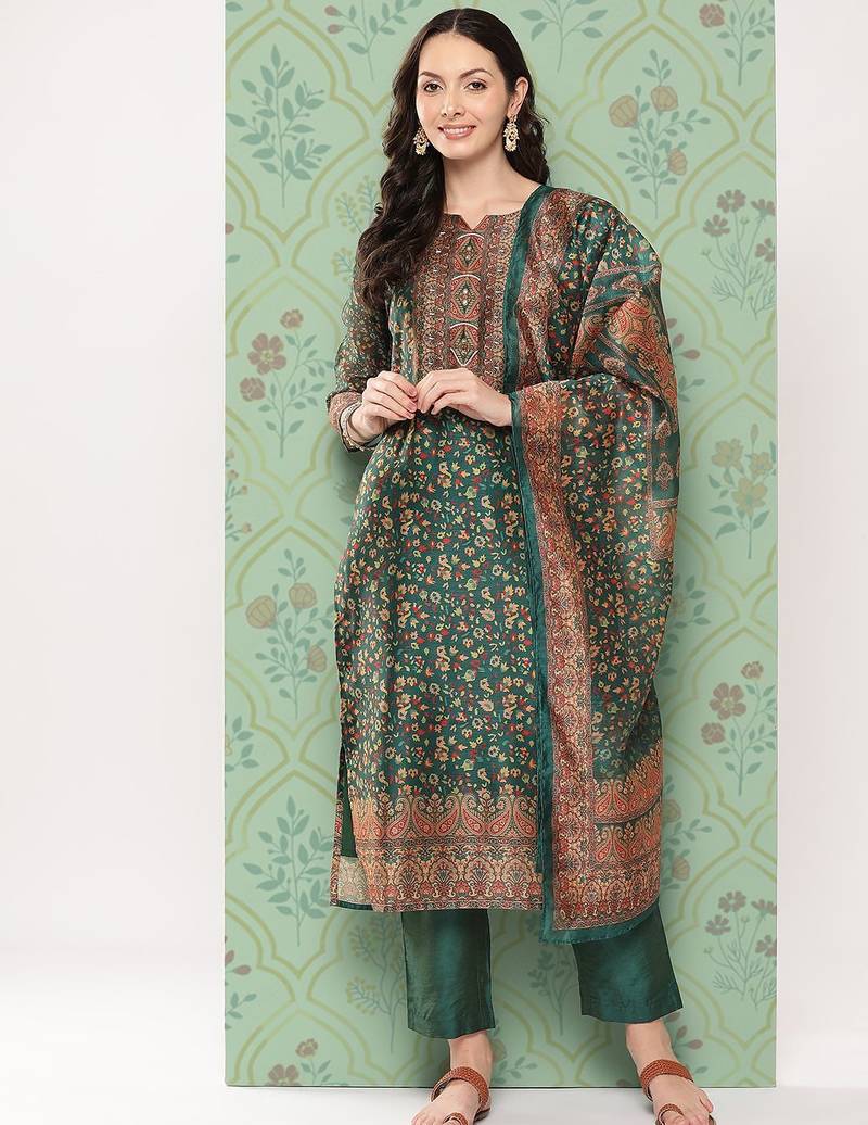 Women Ethnic Motifs Printed Regular Chanderi Cotton Kurta with Trousers & Dupatta