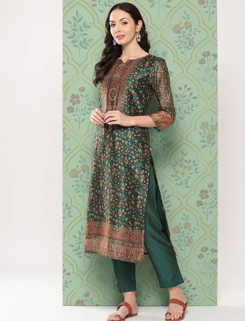 Women Ethnic Motifs Printed Regular Chanderi Cotton Kurta with Trousers & Dupatta