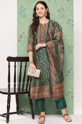 Women Ethnic Motifs Printed Regular Chanderi Cotton Kurta with Trousers & Dupatta