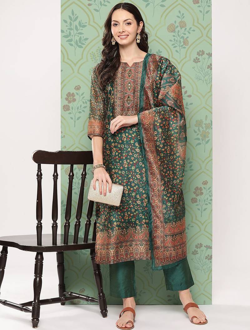 Women Ethnic Motifs Printed Regular Chanderi Cotton Kurta with Trousers & Dupatta