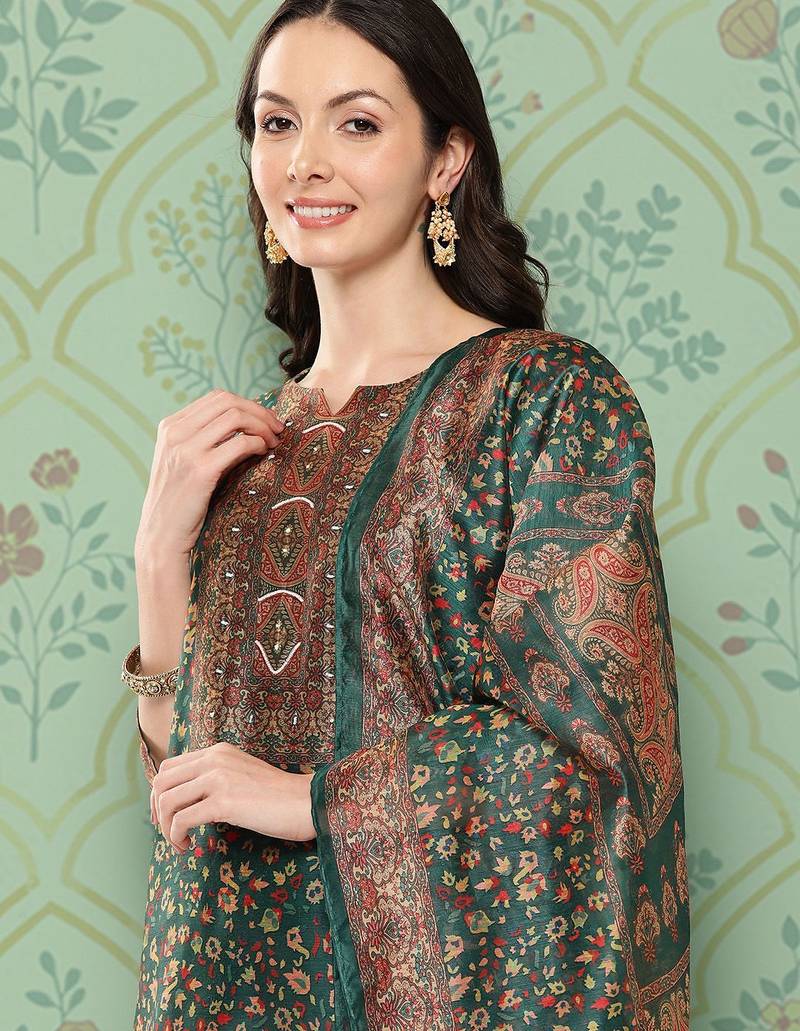 Women Ethnic Motifs Printed Regular Chanderi Cotton Kurta with Trousers & Dupatta