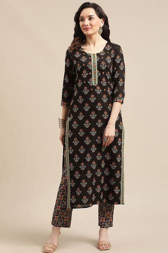 Women Black Ethnic Motifs Printed Patchwork Pure Cotton Kurta with Trousers