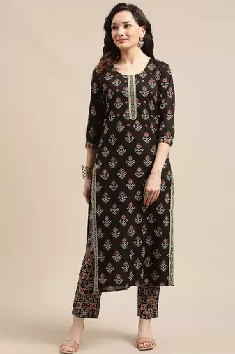 Women Black Ethnic Motifs Printed Patchwork Pure Cotton Kurta with Trousers