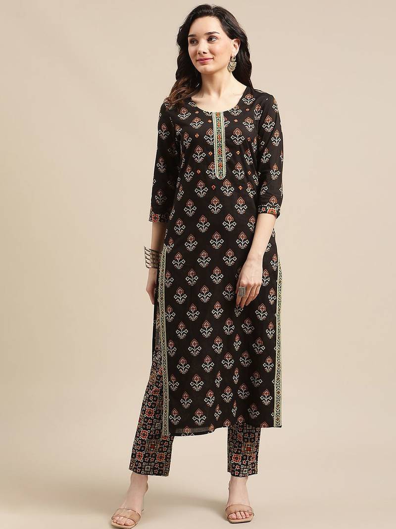 Women Black Ethnic Motifs Printed Patchwork Pure Cotton Kurta with Trousers