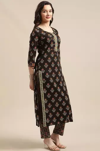 Women Black Ethnic Motifs Printed Patchwork Pure Cotton Kurta with Trousers