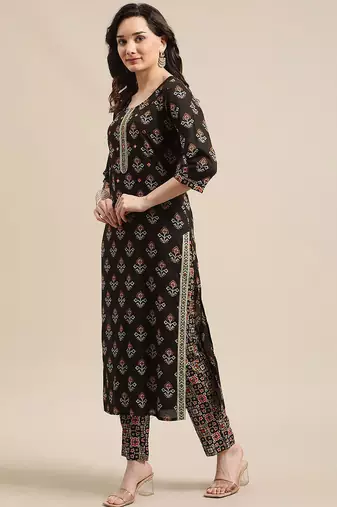 Women Black Ethnic Motifs Printed Patchwork Pure Cotton Kurta with Trousers