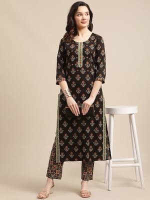 Women Black Ethnic Motifs Printed Patchwork Pure Cotton Kurta with Trousers 7