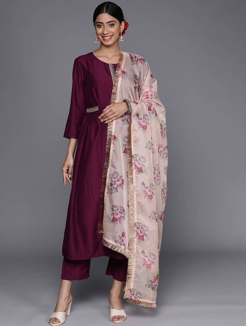 Ethnic Motifs Zari Embroidered Regular Kurta With Trousers & Dupatta
