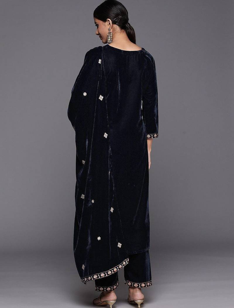 Women Winter Velvet Embroidered Kurta with Trousers & With Dupatta