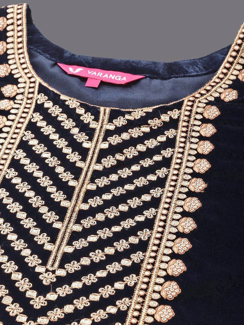 Women Winter Velvet Embroidered Kurta with Trousers & With Dupatta
