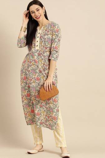 Women Sea Green & Mustard Yellow Printed Kurta with Trousers
